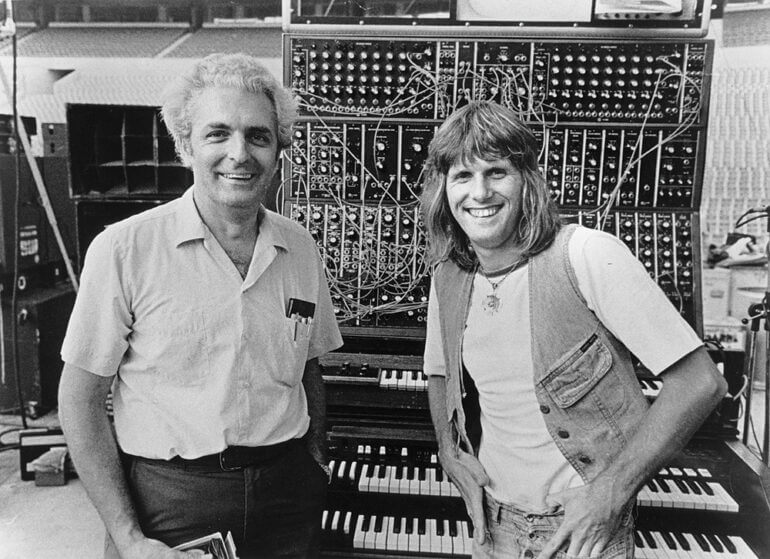 Robert Moog and Keith Emerson with the modular system at the Rich Stadium, Buffalo, 1974.